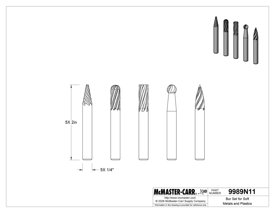 Technical Drawing of Bur Set for Soft Metals and Plastics, 5 Pieces, 2" Overall Length.